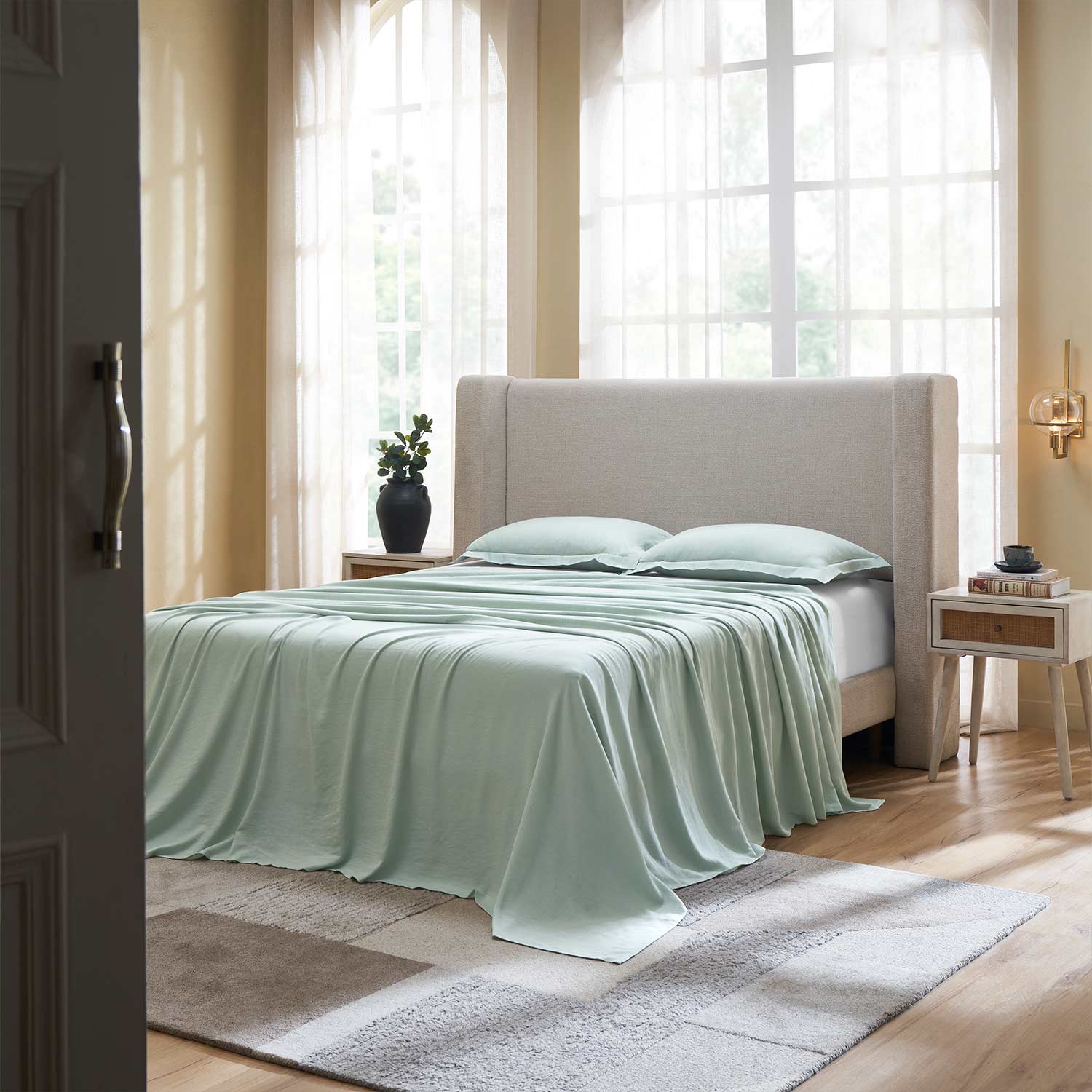 Azure Linen Bedsheet Set – Wool & Silk Blend Hand Knotted carpet by Ajaypee Carpet