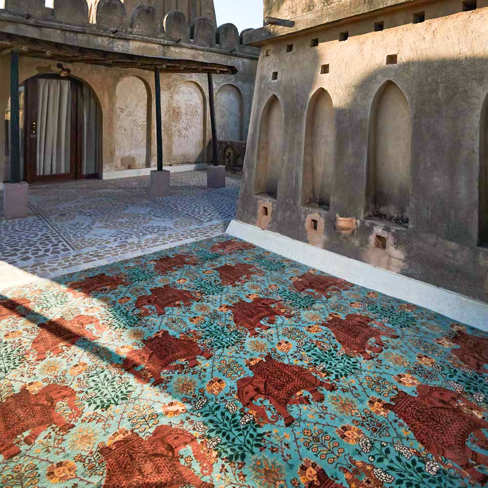 Elephant Flower Knotted Woollen and Viscose Rug By Anita Dalmia – Wool & Viscose Blend Hand Knotted handmade carpet by Ajaypee Carpets
