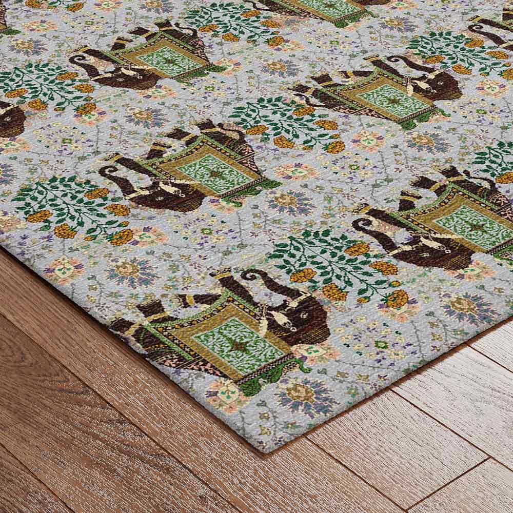 Elephant Flower Knotted Woollen and Viscose Rug - Wool & Viscose Blend - Hand Knotted - Ajaypee Carpets (Thumbnail 2)